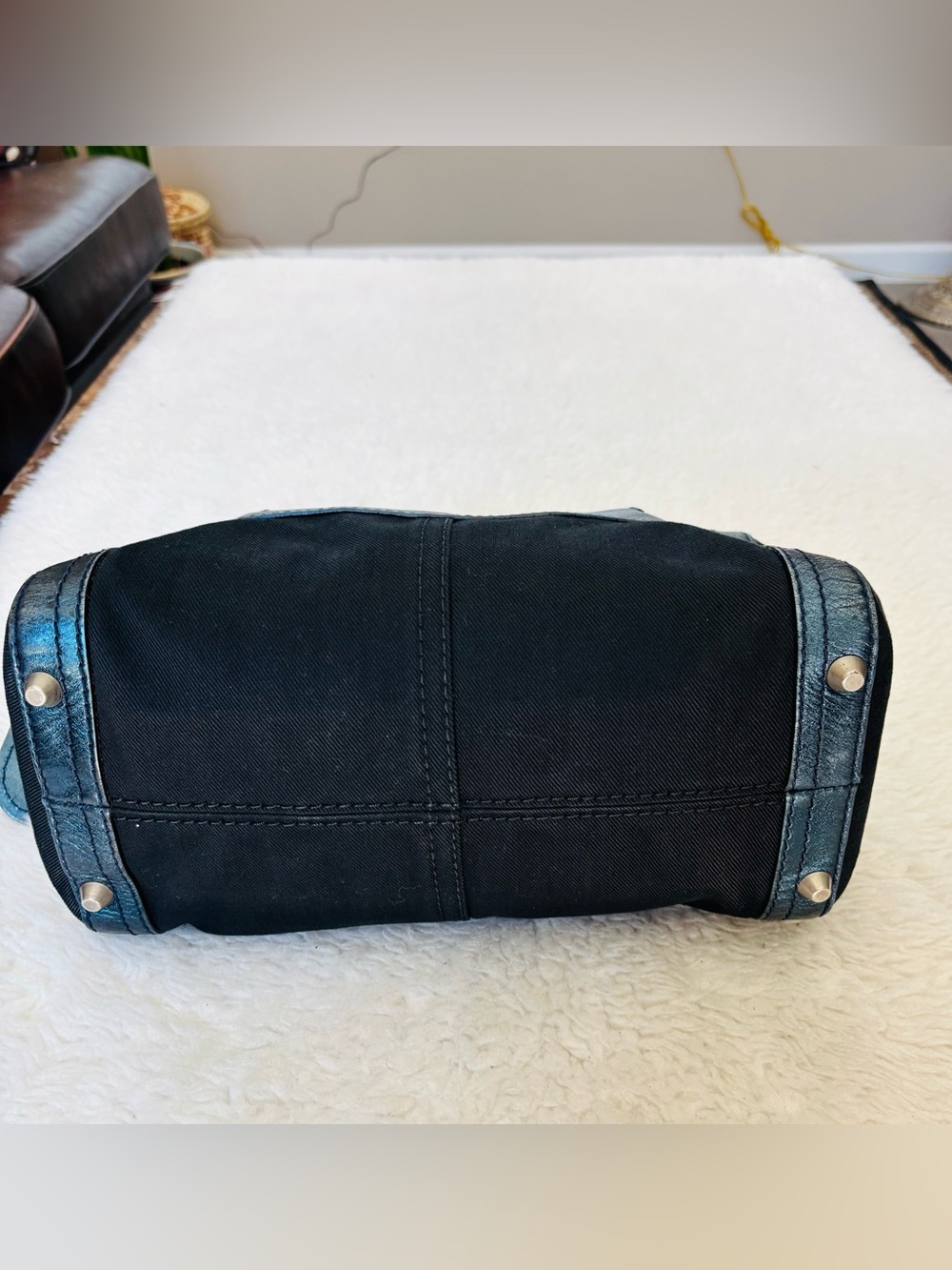 Chloe Metallic Blue Leather Black Canvas Handbag/Duffle Bag 12”x8”x7” - Picture 7 of 16